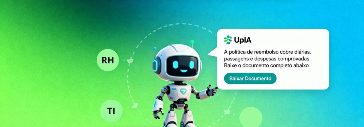 Tela da intranet mostrando campo de busca com o UpIA respondendo sobre política de reembolso de viagem, com resumo e botão para download.