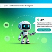 Tela da intranet mostrando campo de busca com o UpIA respondendo sobre política de reembolso de viagem, com resumo e botão para download.