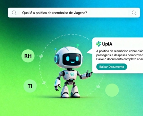 Tela da intranet mostrando campo de busca com o UpIA respondendo sobre política de reembolso de viagem, com resumo e botão para download.