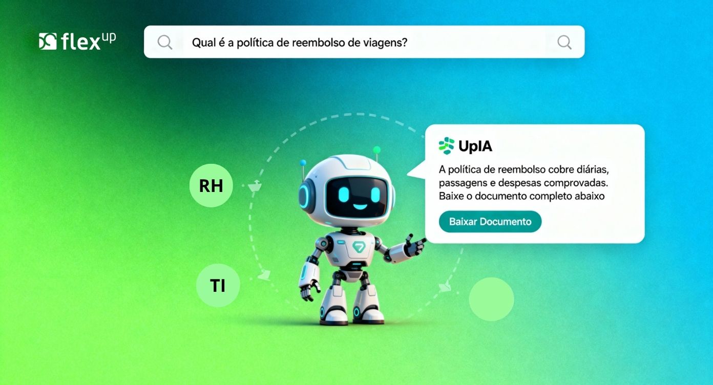 Tela da intranet mostrando campo de busca com o UpIA respondendo sobre política de reembolso de viagem, com resumo e botão para download.